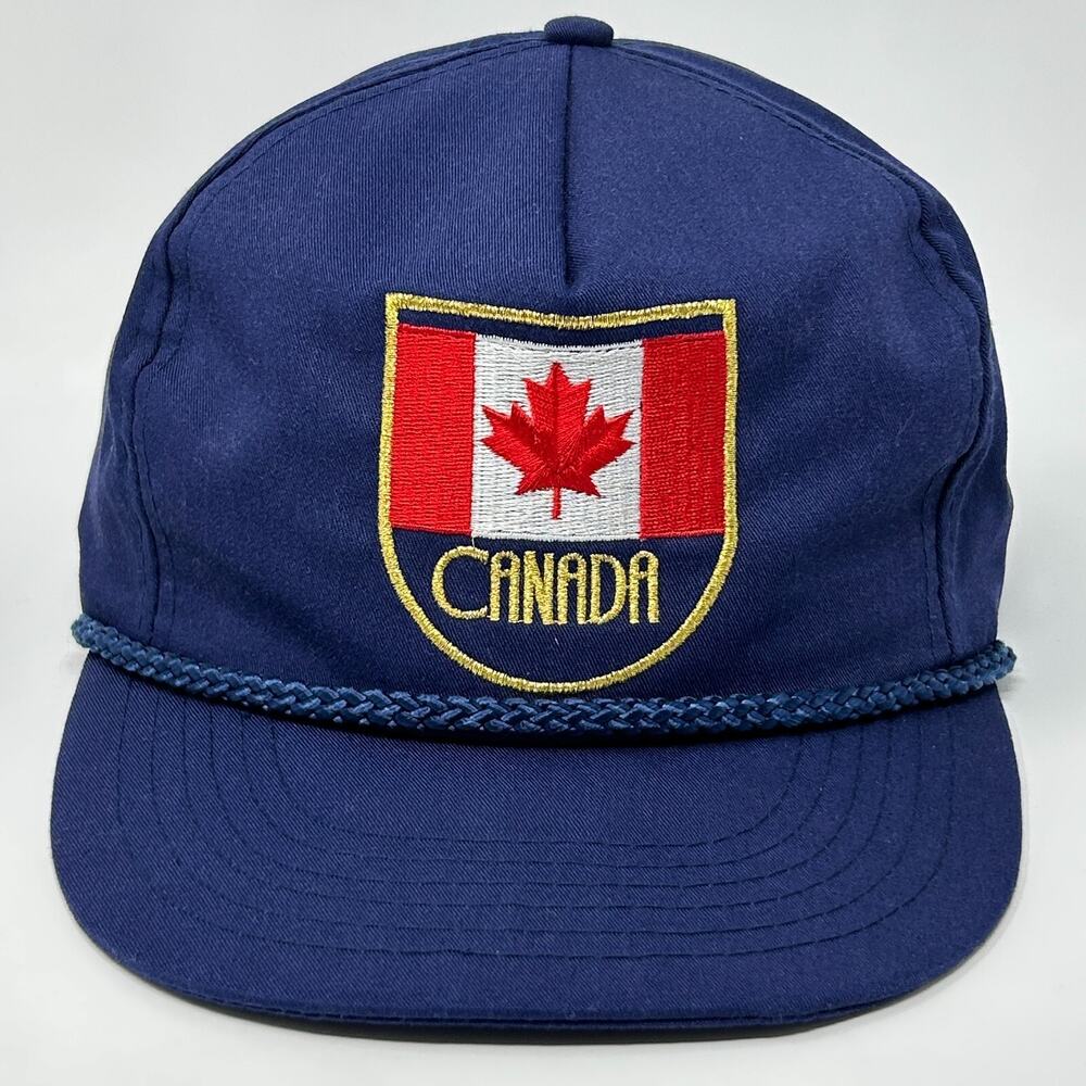 Vintage 80s Canadian Flag Hat Baseball Cap Canada Rope Corded Snapback Blue